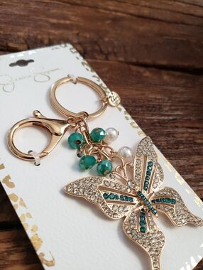 Jessica Simpson Gold Butterfly Crystal Keychain with Teal Accents